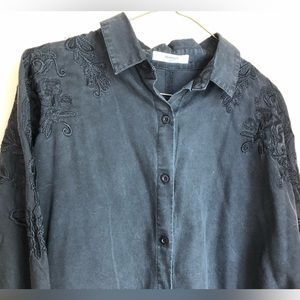 Black washed denim button down shirt/ shacket with embroidery.